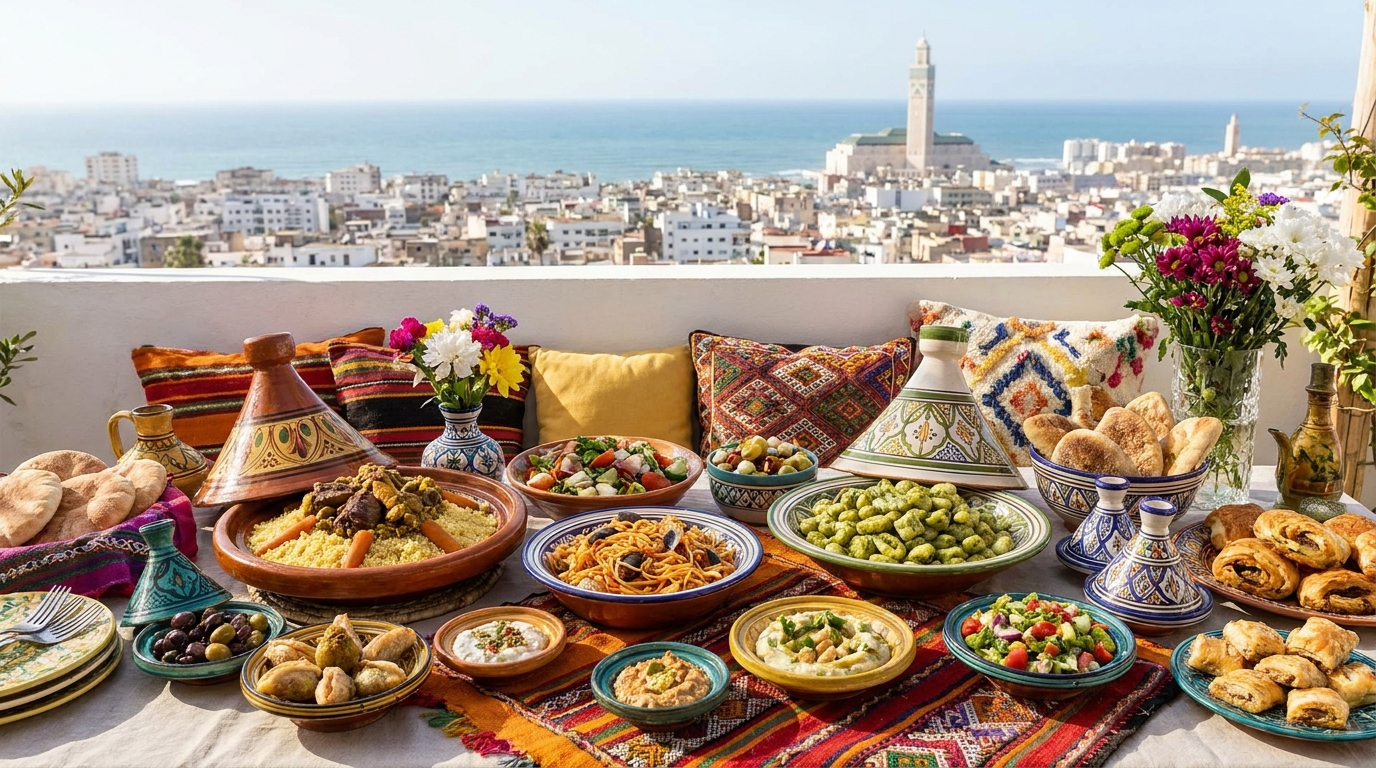 Vue d'une table dressée dans un restaurant à Casablanca avec plats méditerranéens et fruits de mer